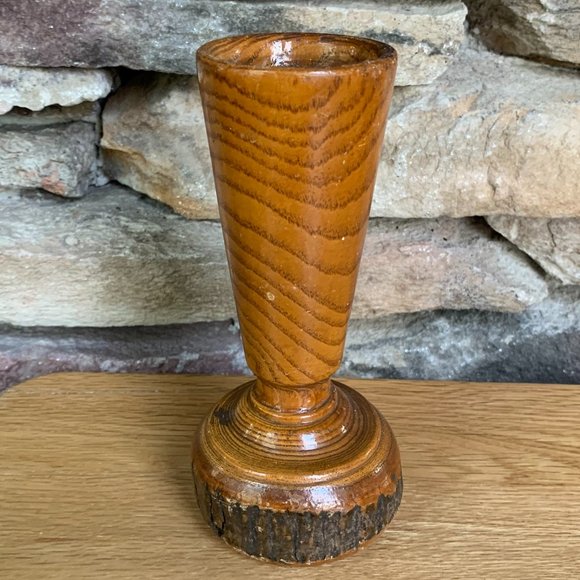 VTG Hand-turned Rustic Wood Bud Vase Bark Rose Cabin Decor - Picture 2 of 8